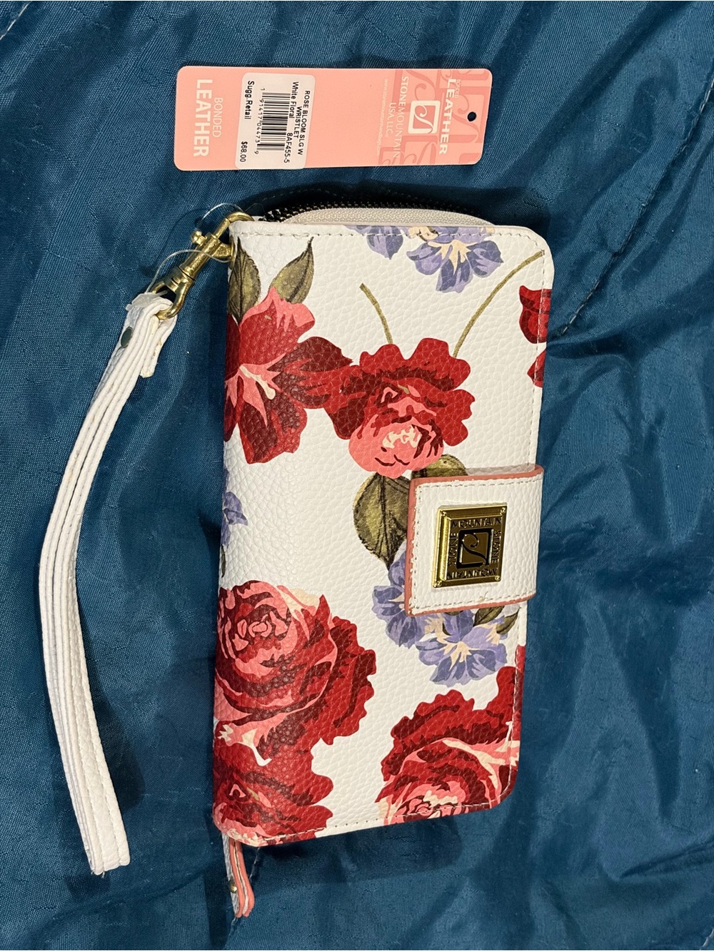 NWT Leather floral wristlet wallet - white with red & purple flower accent